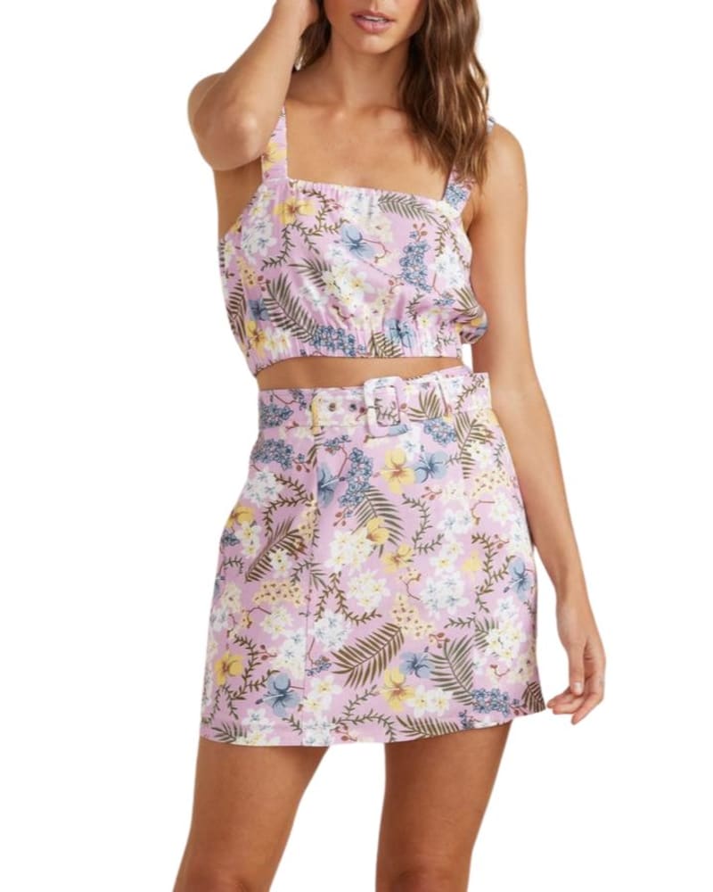 Front of a model wearing a size L Ezri Belted Mini Skirt in Multi in Multi by MINKPINK. | dia_product_style_image_id:346158
